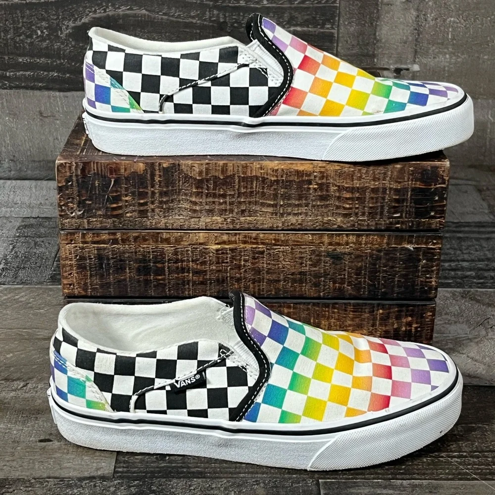 Vans Asher Slip On Rainbow Check Low Skate Multicolor Shoes Size 7.5 - Picture 3 of 7
